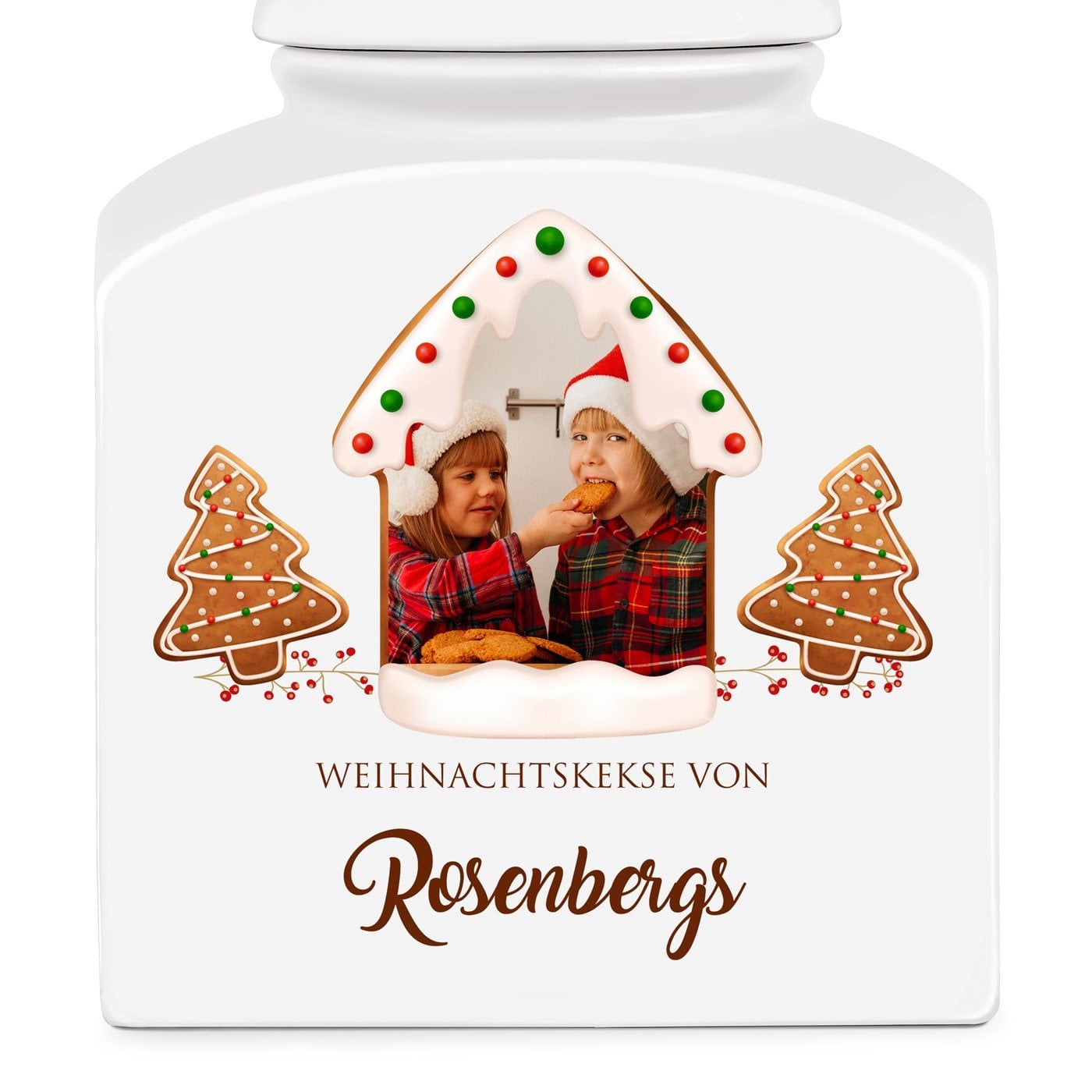 Weiße Keramikdose mit Aufdruck von eigenem Foto für ein Paar eine Familie zu Weihnachten