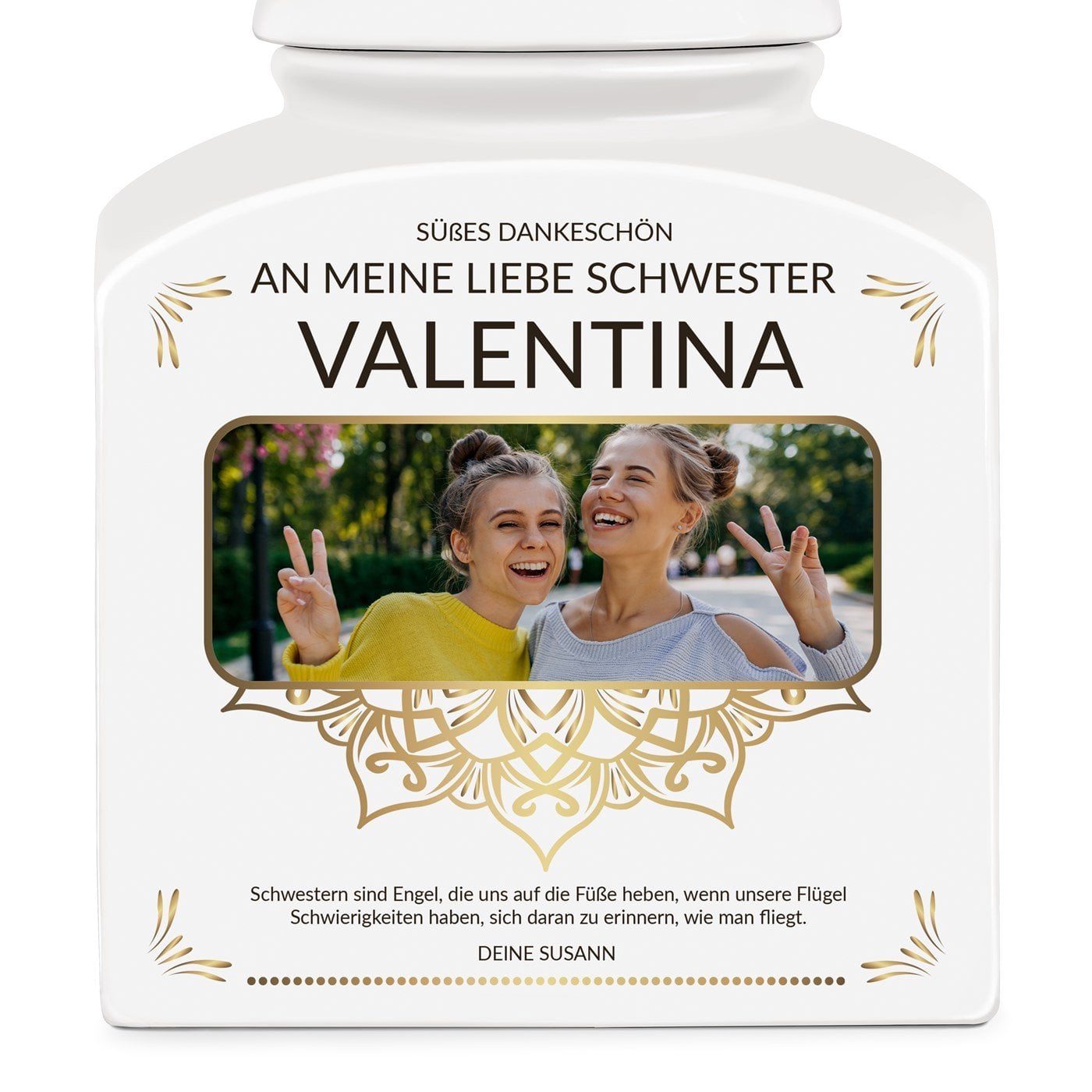 Weiße Keramikdose mit Aufdruck von eigenem Foto für Ihre Schwester