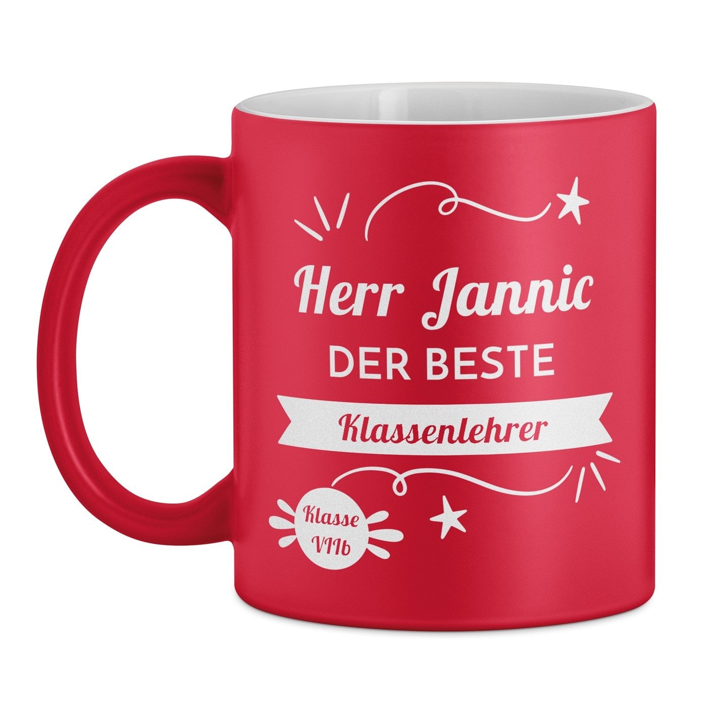 Keramikbecher mit Gravur Rot/Matt für einen Lehrer Klassenlehrer zum Lehrertag Geburtstag