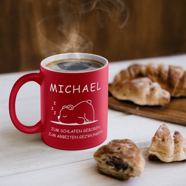 Keramikbecher mit Gravur Rot/Matt für einen Langschläfer & Morgenmuffel zum Ehrentag