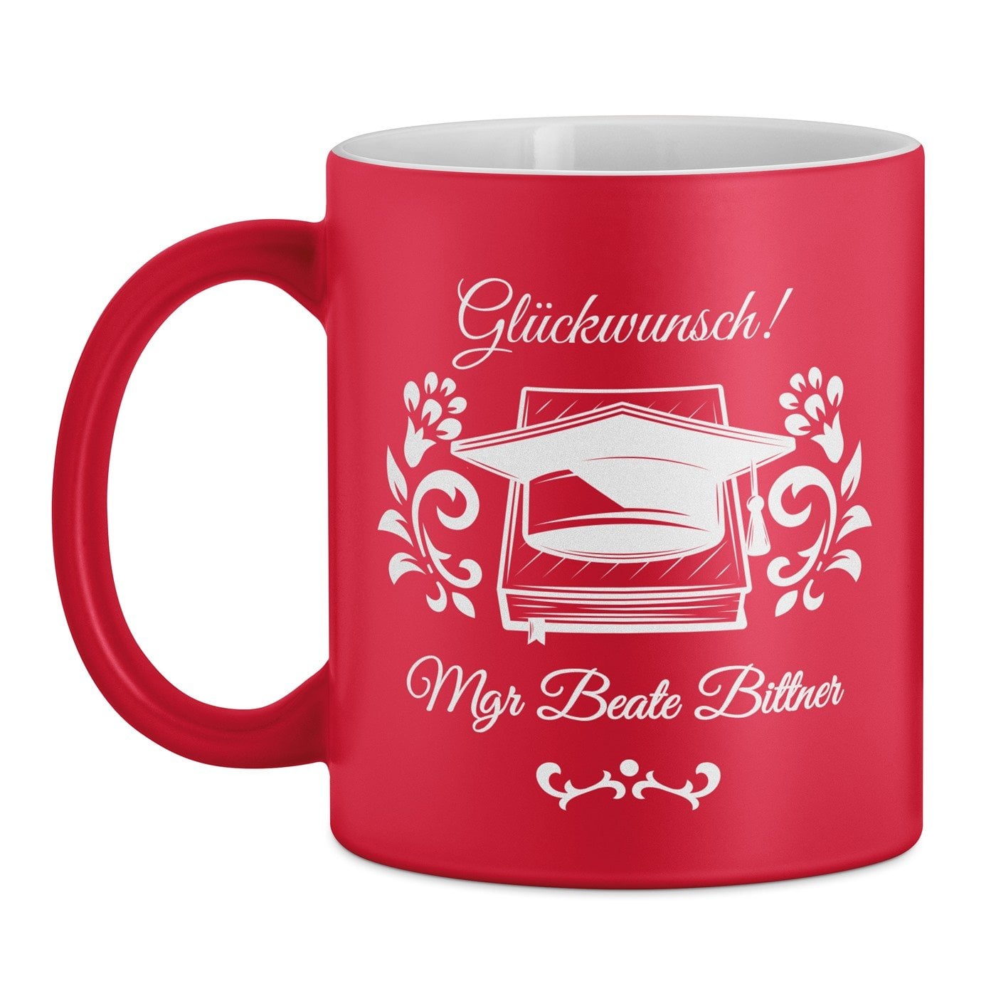 Keramikbecher mit Gravur Rot/Matt für einen Studenten zum Hochschulabschluss