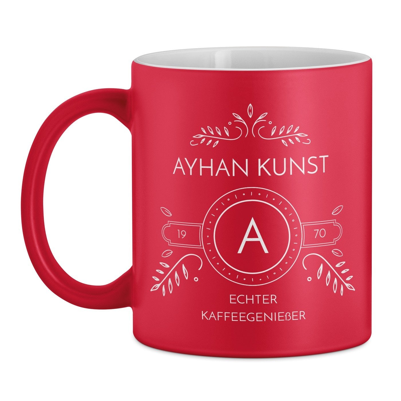 Keramikbecher mit Gravur Rot/Matt für einen Kaffeetrinker zum Geburtstag