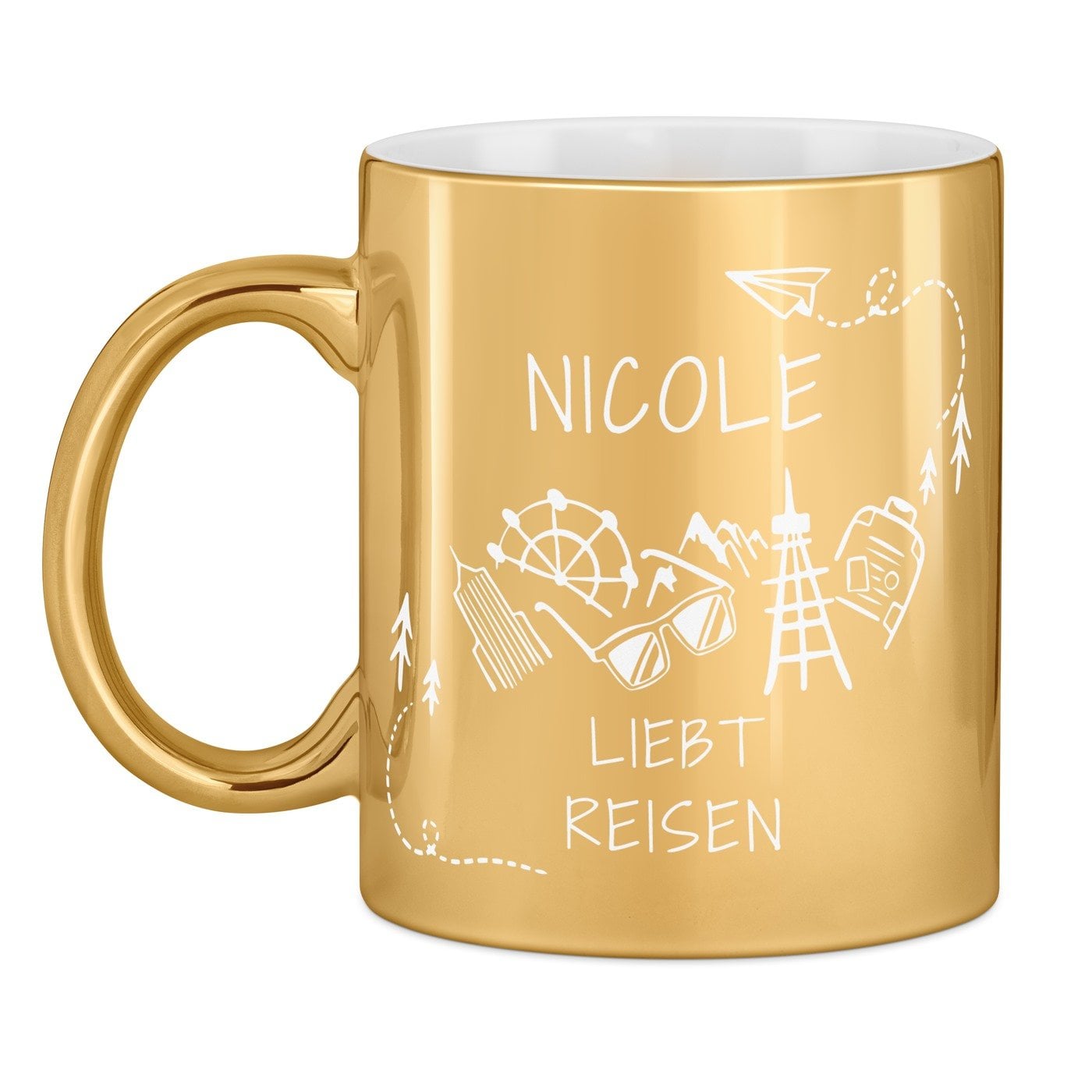 Kaffeebecher mit Gravur Gold/Glänzend für eine Globetrotterin Bergliebhaberin zum Geburtstag