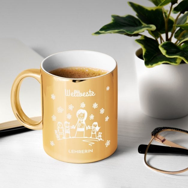 Kaffeebecher mit Gravur Gold/Glänzend für eine Kindergärtnerin Lehrerin zum Schuljahresende