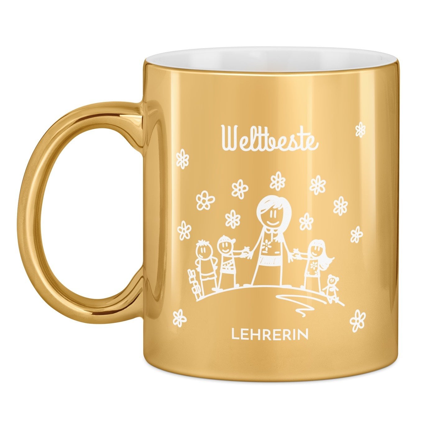 Kaffeebecher mit Gravur Gold/Glänzend für eine Kindergärtnerin Lehrerin zum Schuljahresende