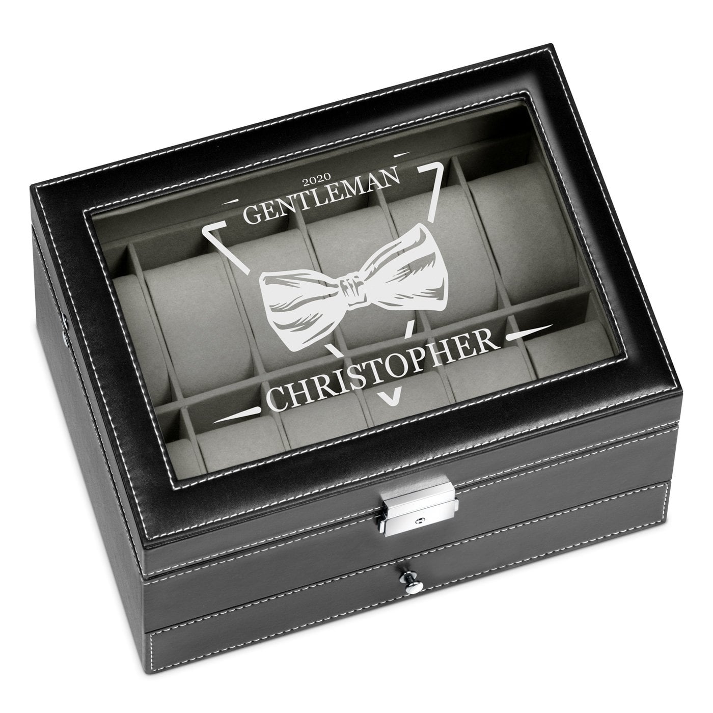 Schwarze Schatulle für Schmuck und Uhren mit Gravur für einen Gentleman