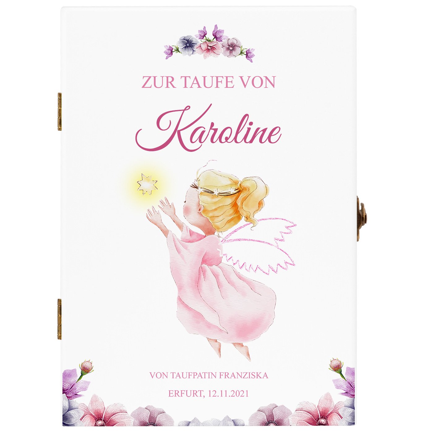 Animal Kinderbesteck mit Gravur inklusive Holzbox mit Aufdruck Weiß für ein Mädchen zur Geburt Engel