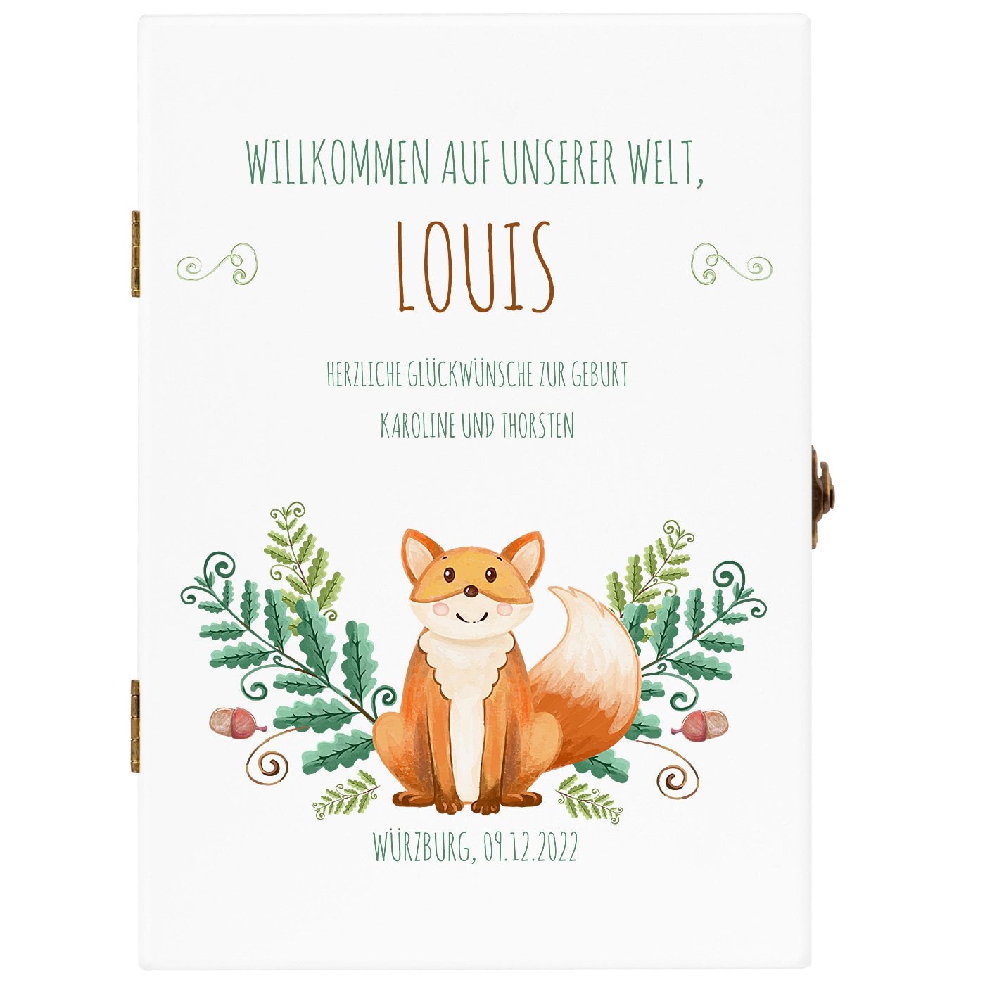 Animal Kinderbesteck mit Gravur inklusive Holzbox mit Aufdruck Weiß für einen Jungen zur Geburt Fuchs