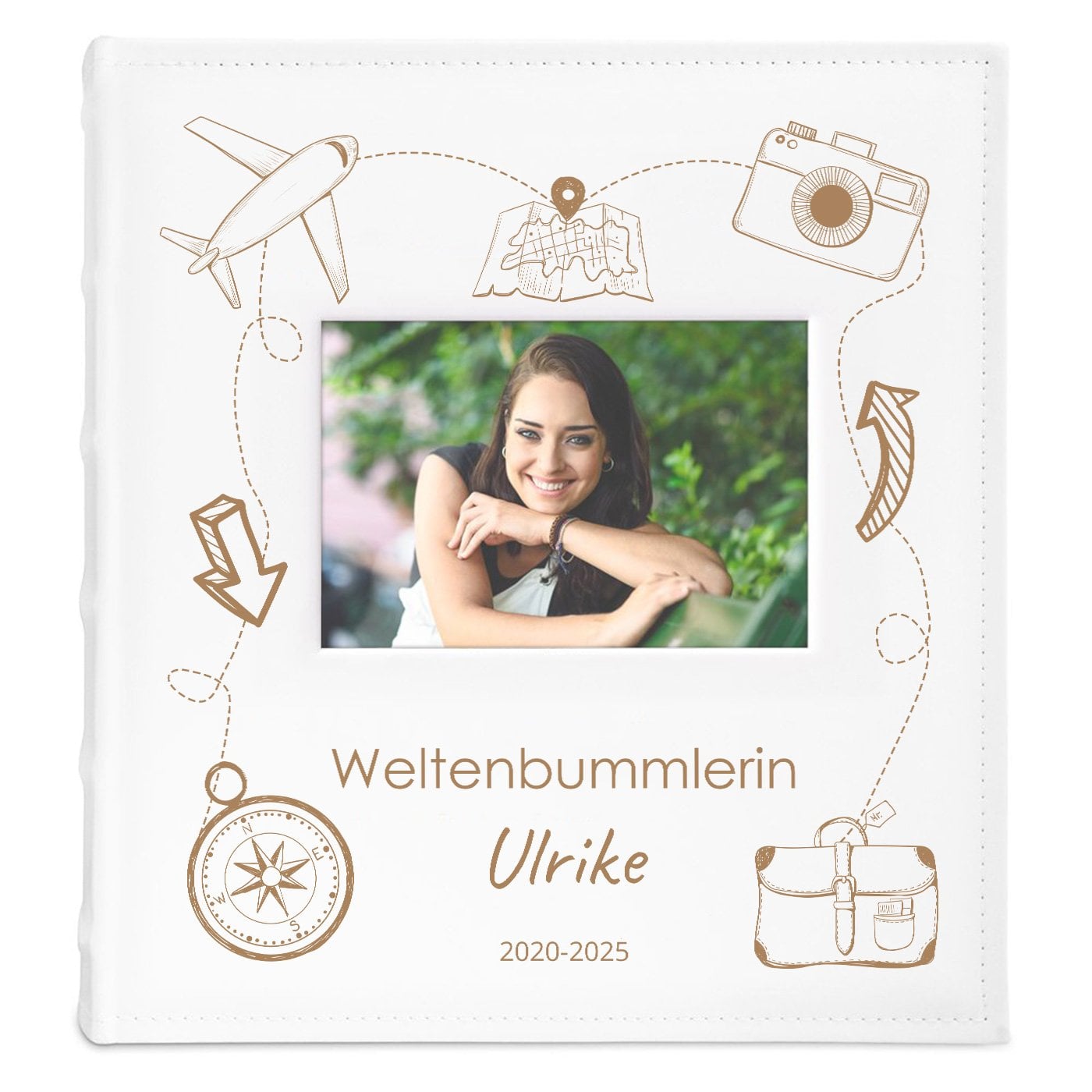 Fotoalbum mit Sichtfenster und Aufdruck für eine Abenteuerin