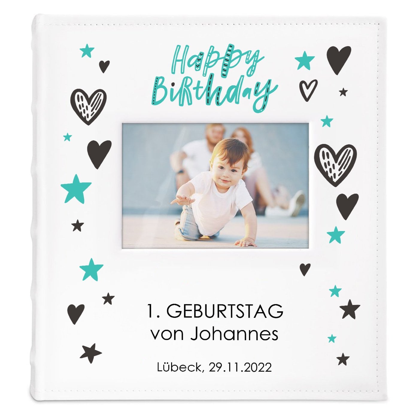 Fotoalbum mit Sichtfenster mit Gravur für einen Jungen zum 1. Geburtstag