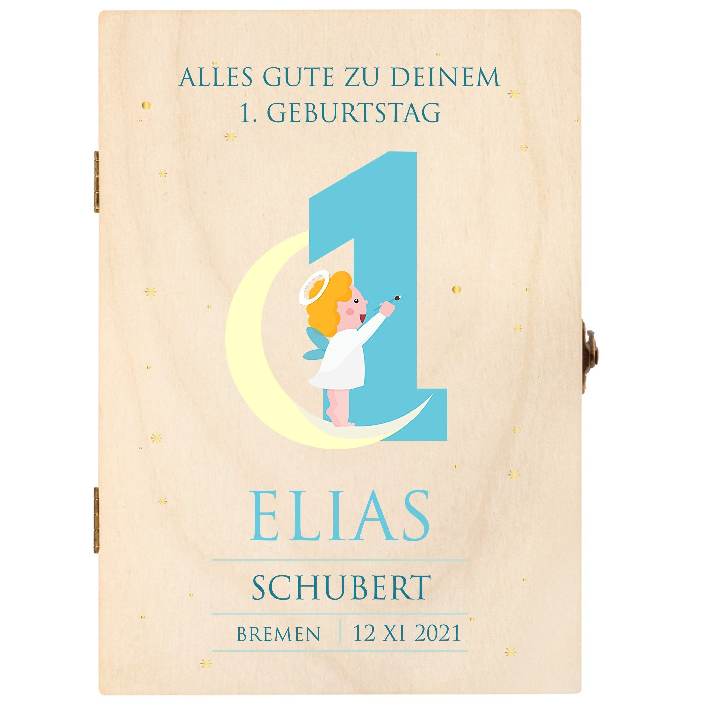 Animal Kinderbesteck mit Gravur inklusive Holzbox mit Aufdruck Hellbraun für einen Jungen zum 1. Geburtstag