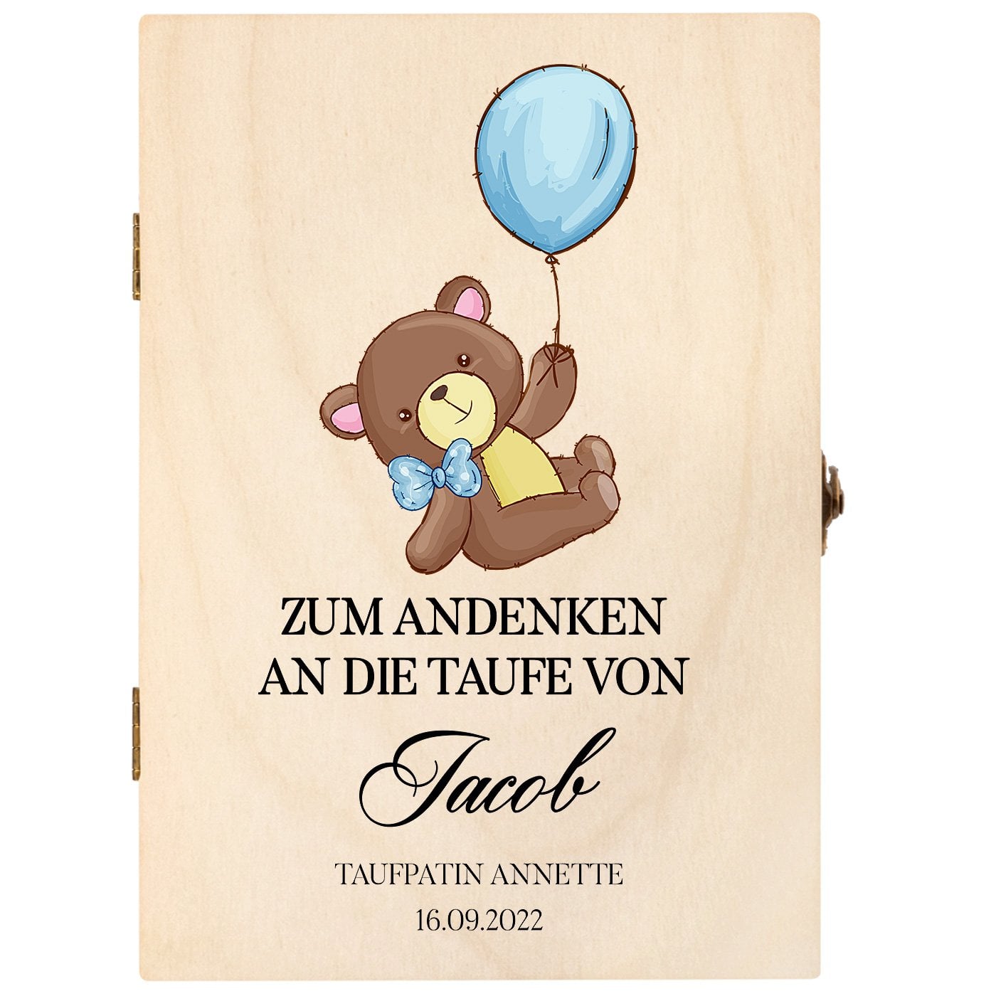 Animal Kinderbesteck mit Gravur inklusive Holzbox mit Aufdruck Hellbraun für einen Jungen zur Taufe Teddybär