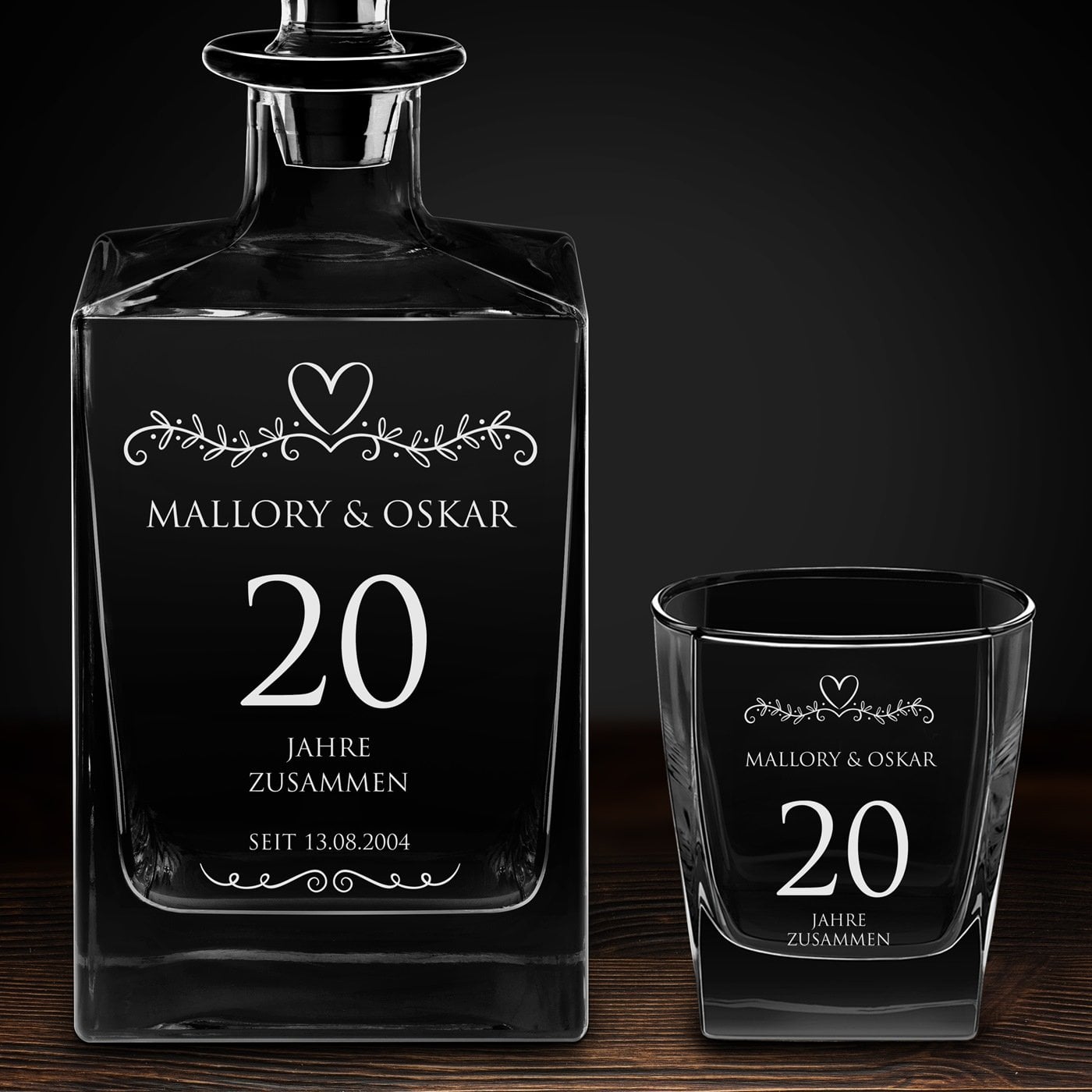 Cube Whisky Karaffe mit 4 Gläsern und Gravur für ein Paar zum 20. Hochzeitsjubiläum