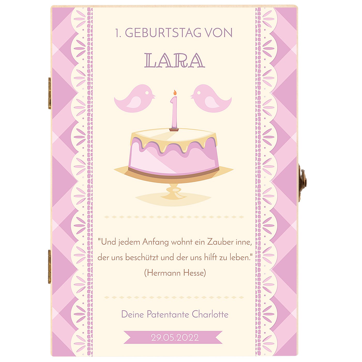 Animal Kinderbesteck mit Gravur inklusive Holzbox mit Aufdruck Hellbraun für ein Mädchen zum 1. Geburtstag Torte