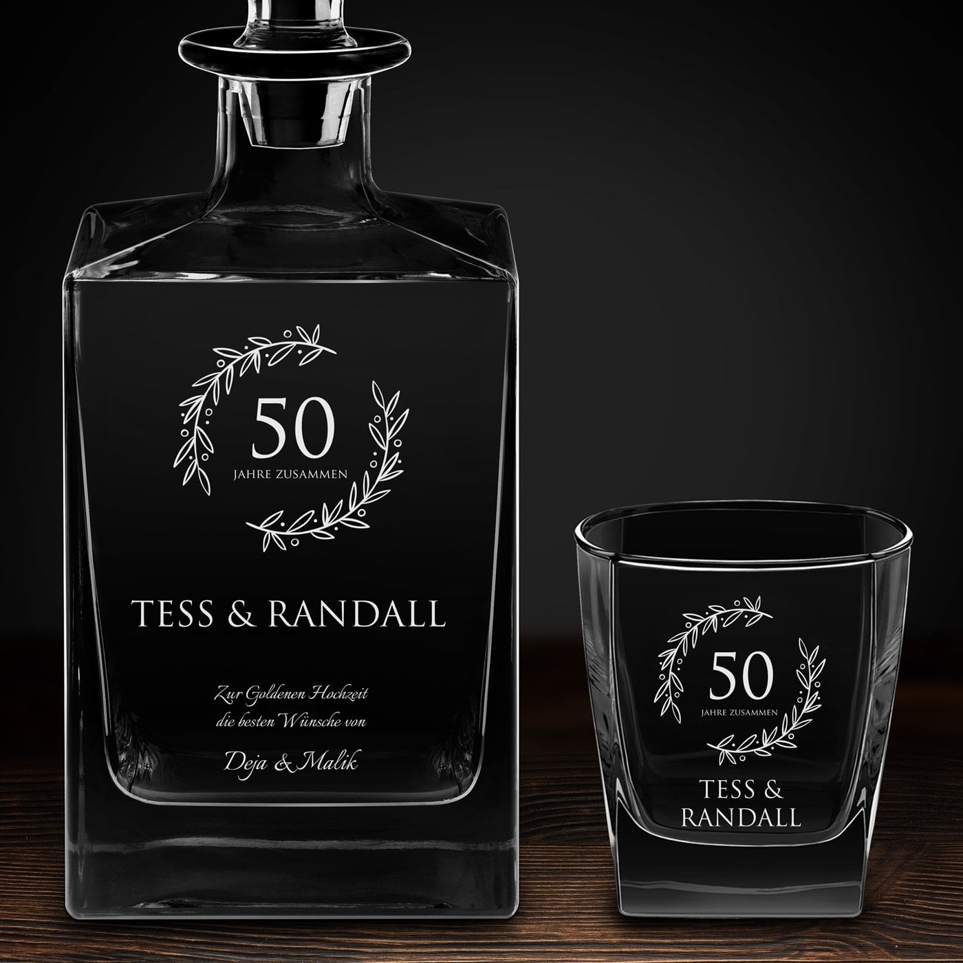 Cube Whisky Karaffe mit 4 Gläsern und Gravur für ein Paar zum 50. Hochzeitsjubiläum