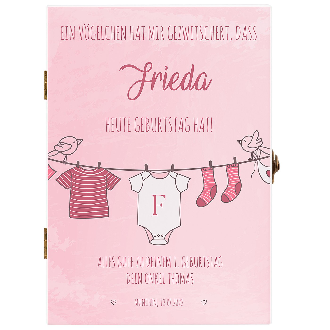 Animal Kinderbesteck mit Gravur inklusive Holzbox mit Aufdruck Weiß für ein Mädchen zum 1. Geburtstag Strampelhose