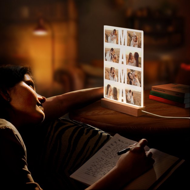 Beleuchteter LED-Rahmen mit eigenen Fotos und Holzständer Größe XL für Ihre Mutti