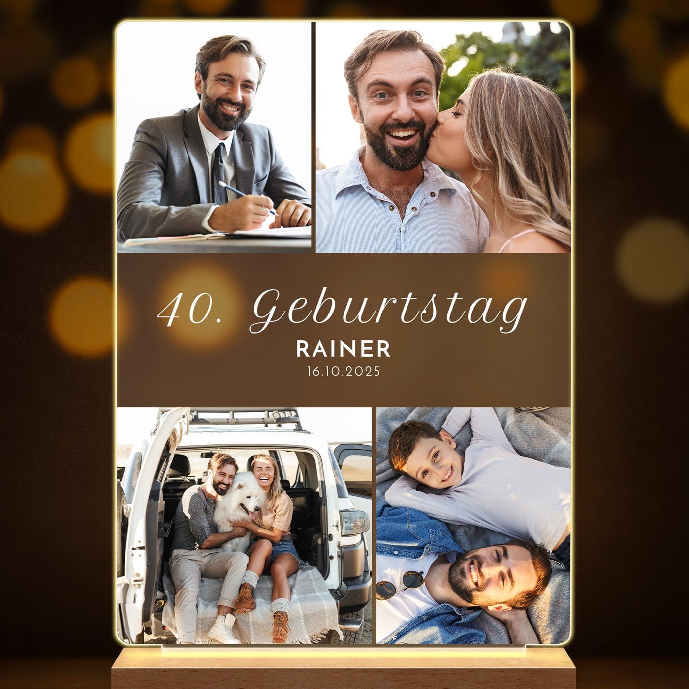 Beleuchteter LED-Rahmen mit eigenen Fotos und Holzständer Größe L für ihn zum 40. Geburtstag