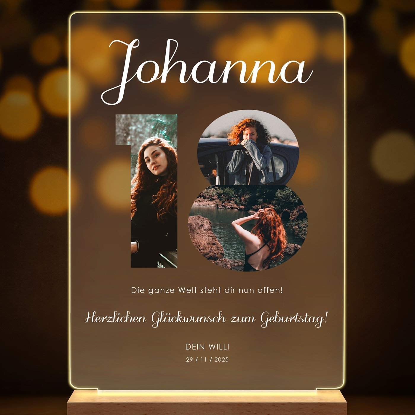 Beleuchteter LED-Rahmen mit eigenen Fotos und Holzständer Größe L für sie zum 18. Geburtstag