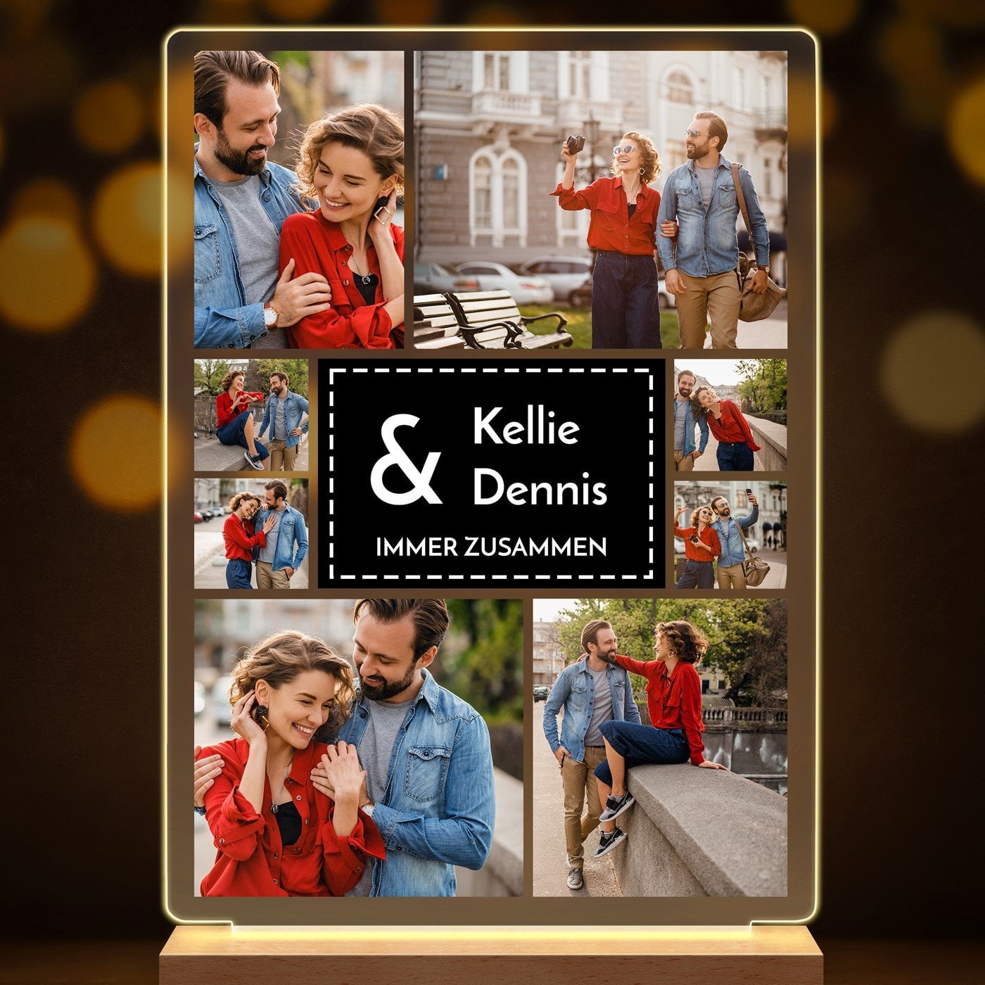 Beleuchteter LED-Rahmen mit eigenen Fotos und Holzständer Größe L für ein Paar zum Jahrestag zur Hochzeit oder Einweihungsparty