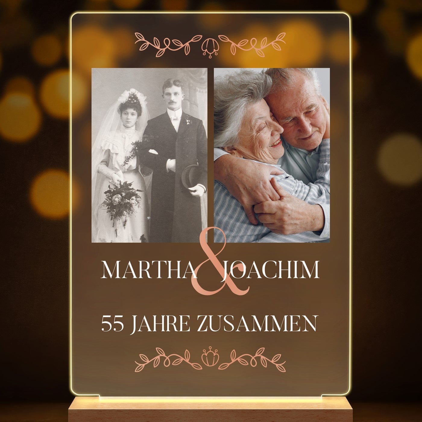 Beleuchteter LED-Rahmen mit eigenen Fotos und Holzständer Größe L für ein Paar zum 50. Hochzeitstag
