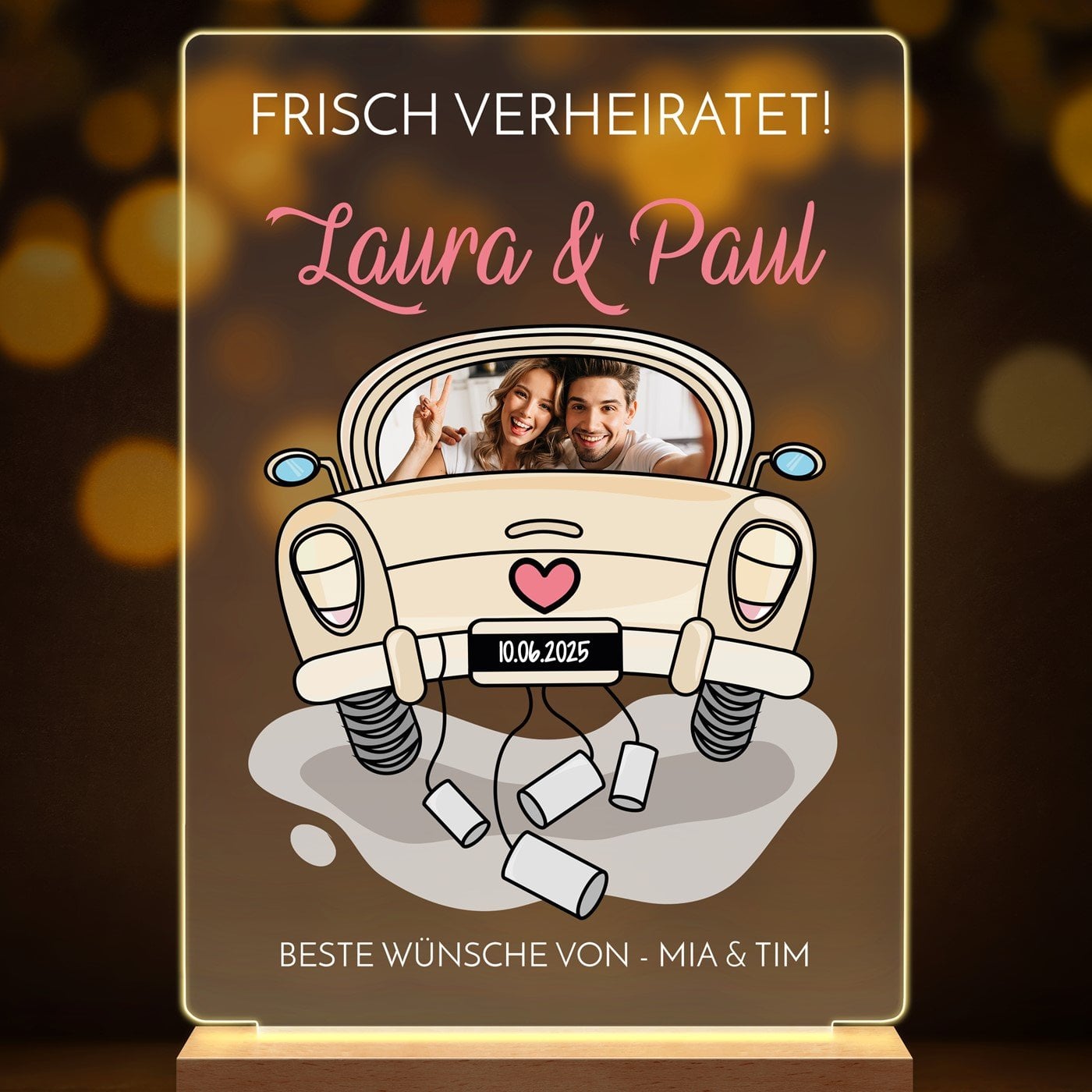 Beleuchteter LED-Rahmen mit eigenen Fotos und Holzständer Größe L für ein Paar zum Jahrestag zur Hochzeit Einweihung