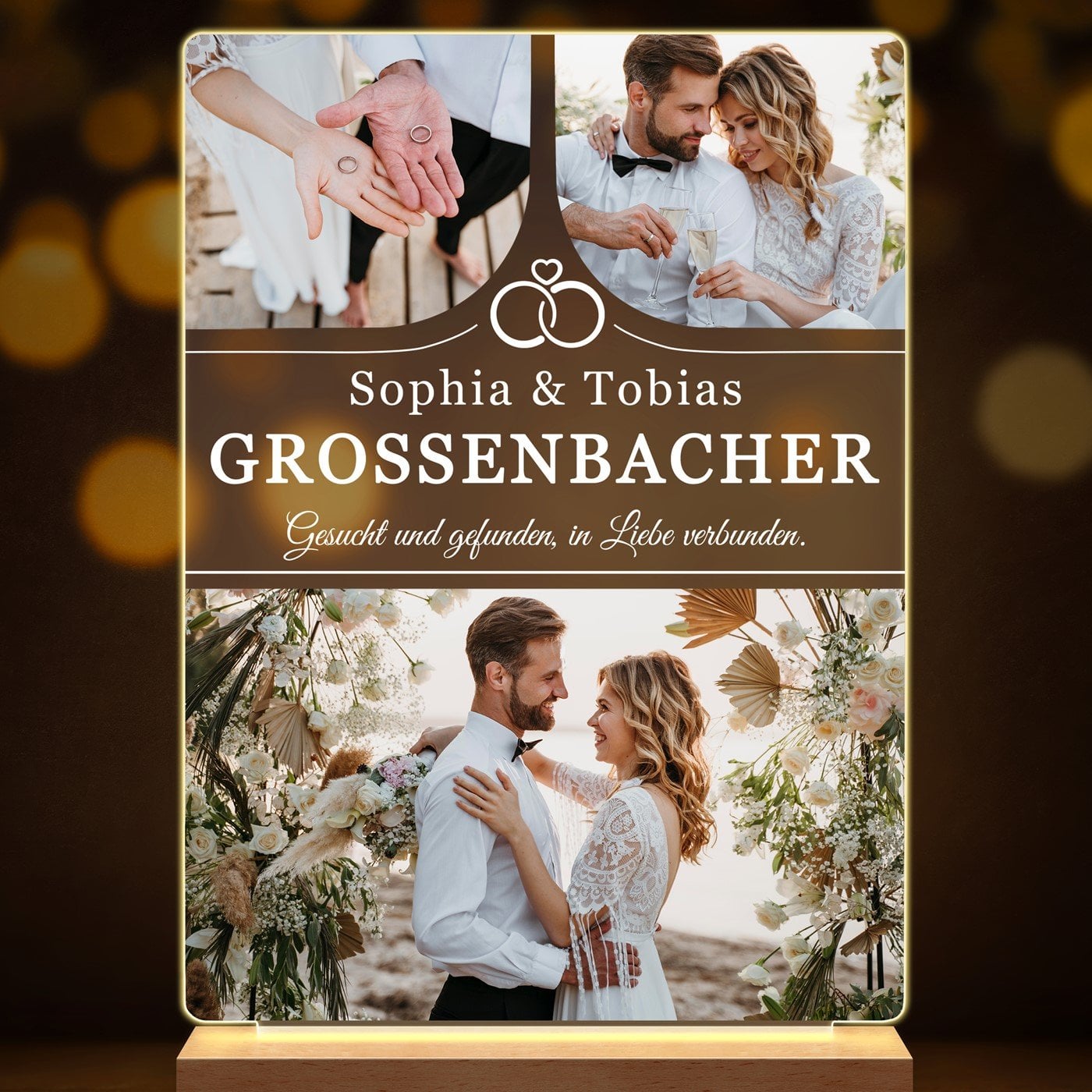 Beleuchteter LED-Rahmen mit eigenen Fotos und Holzständer Größe L für ein Traumpaar zur Hochzeit