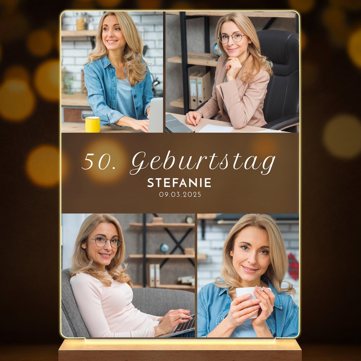 Beleuchteter LED-Rahmen mit eigenen Fotos und Holzständer Größe L für sie zum Geburtstag