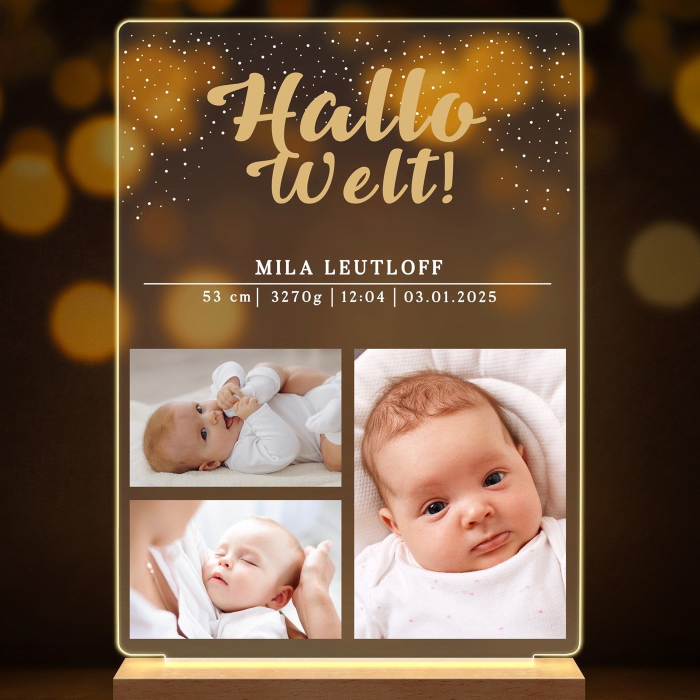 Beleuchteter LED-Rahmen mit eigenen Fotos und Holzständer Größe L für ein kleines Mädchen zur Geburt