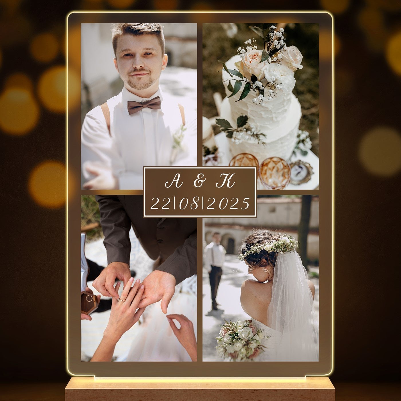 Beleuchteter LED-Rahmen mit eigenen Fotos und Holzständer Größe L für ein Paar zur Hochzeit zum Hochzeitstag zum Einzug