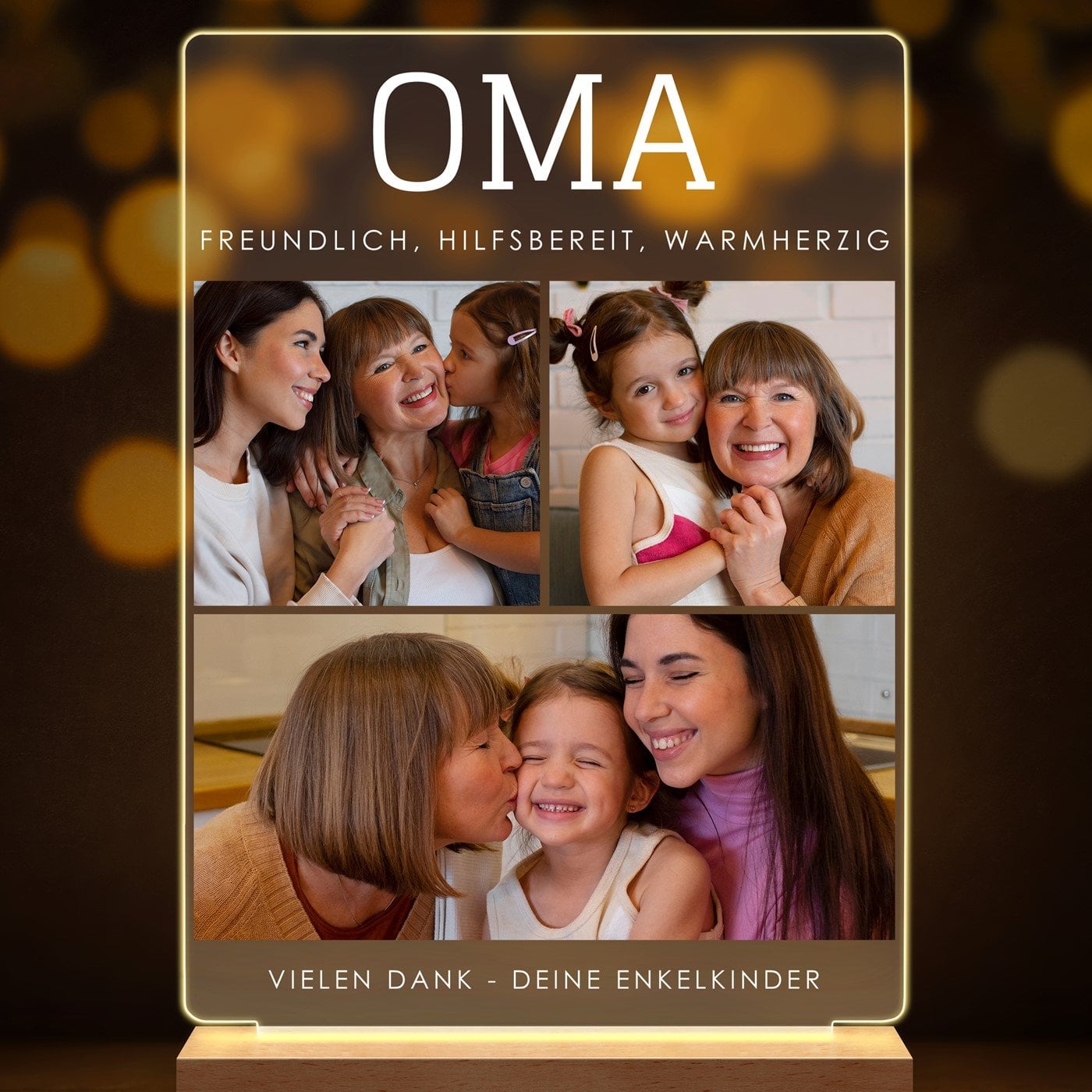 Beleuchteter LED-Rahmen mit eigenen Fotos und Holzständer Größe L für Ihre Oma