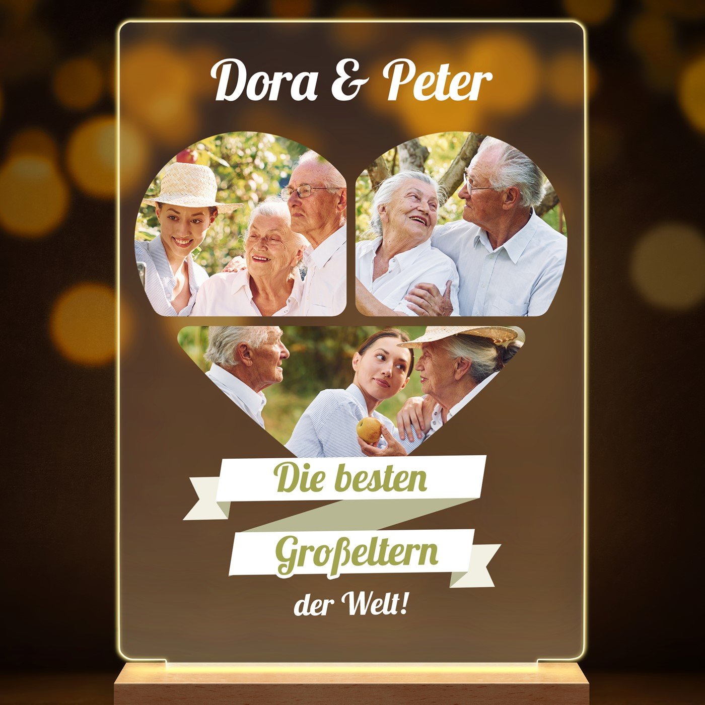 Beleuchteter LED-Rahmen mit eigenen Fotos und Holzständer Größe L für Ihre Großeltern zum Oma- und Opatag