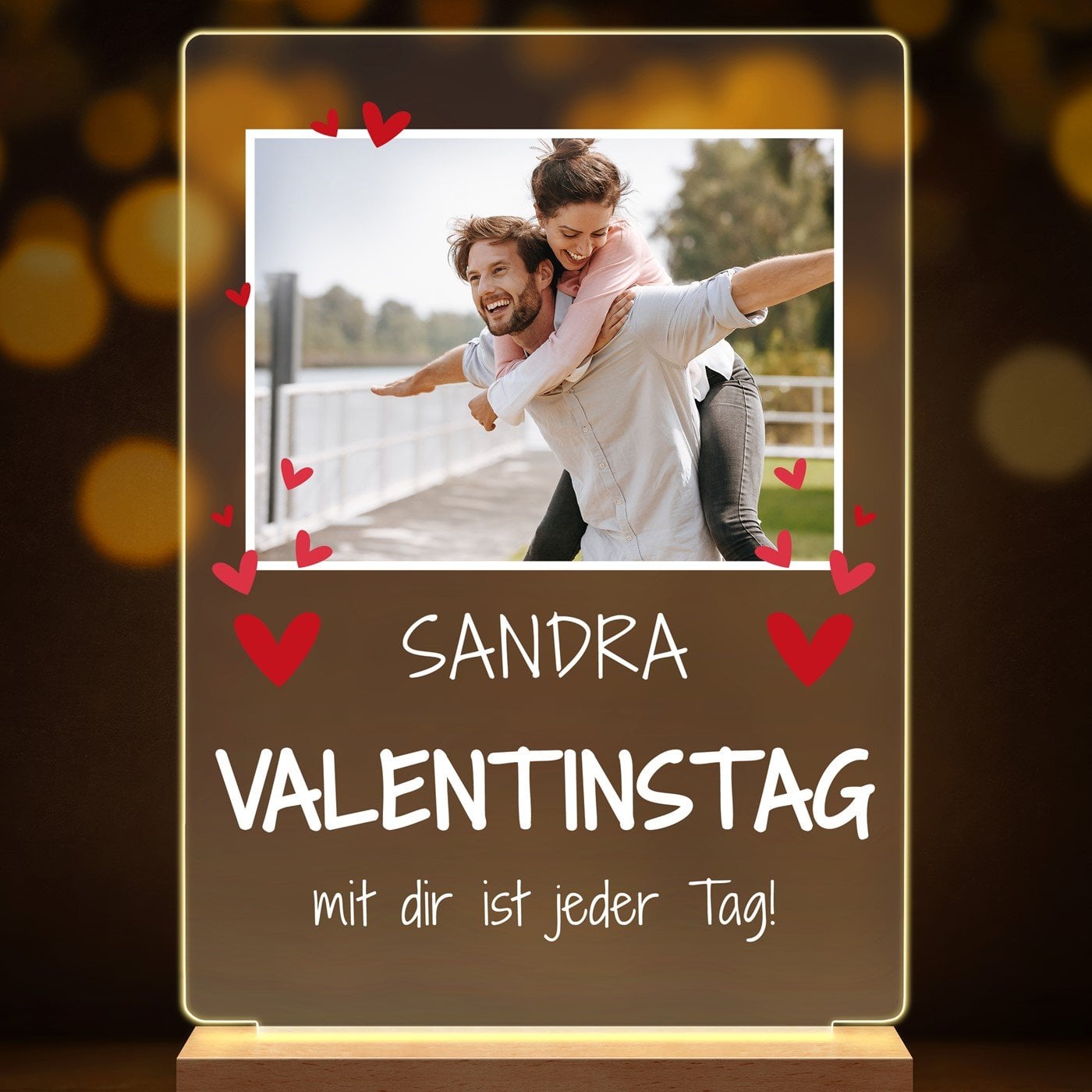 Beleuchteter LED-Rahmen mit eigenen Fotos und Holzständer Größe L für Ihre Freundin Ehefrau zum Valentinstag