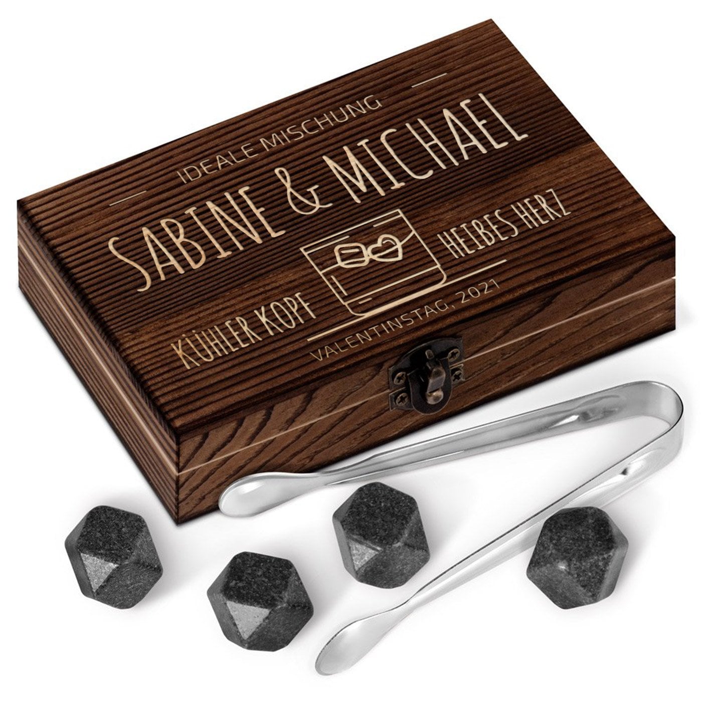 Whisky Steine Set in Holzbox mit Gravur für ein Paar zum Hochzeitstag