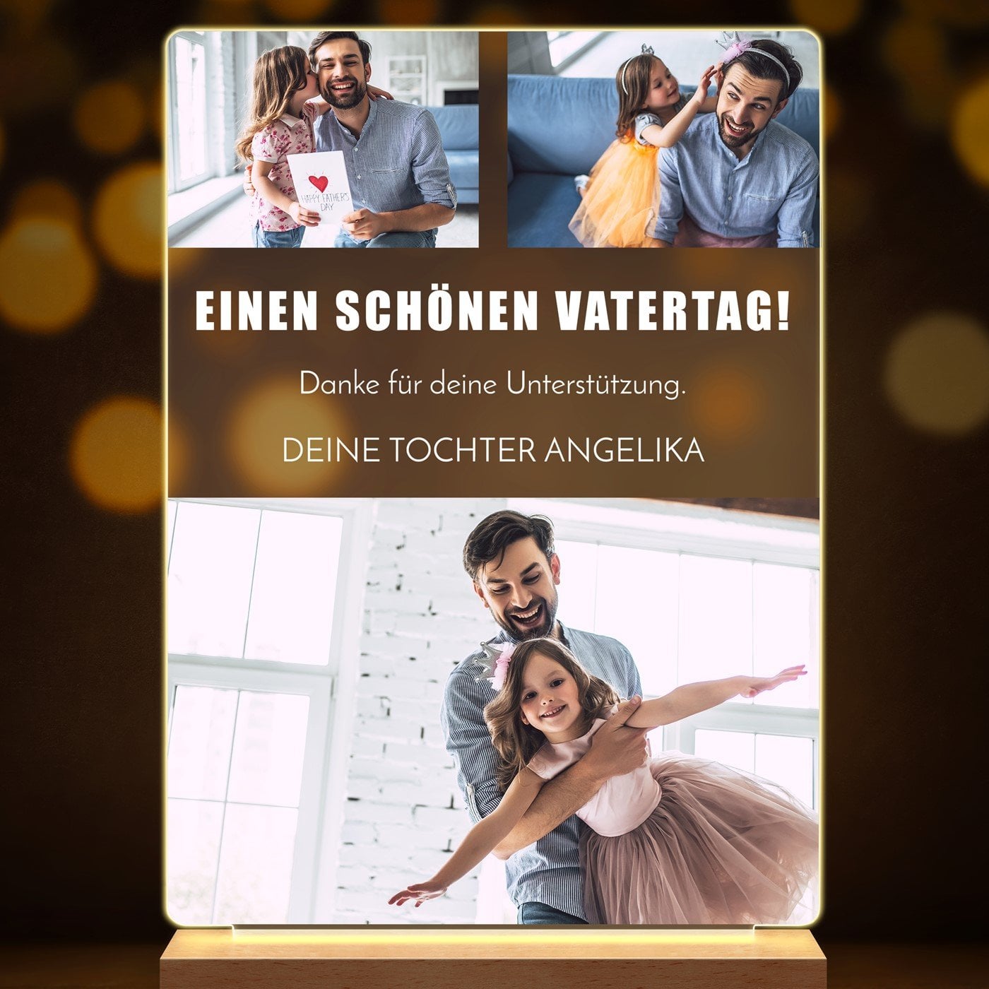 Beleuchteter LED-Rahmen mit eigenen Fotos und Holzständer Größe L für Ihren Vater zum Vatertag