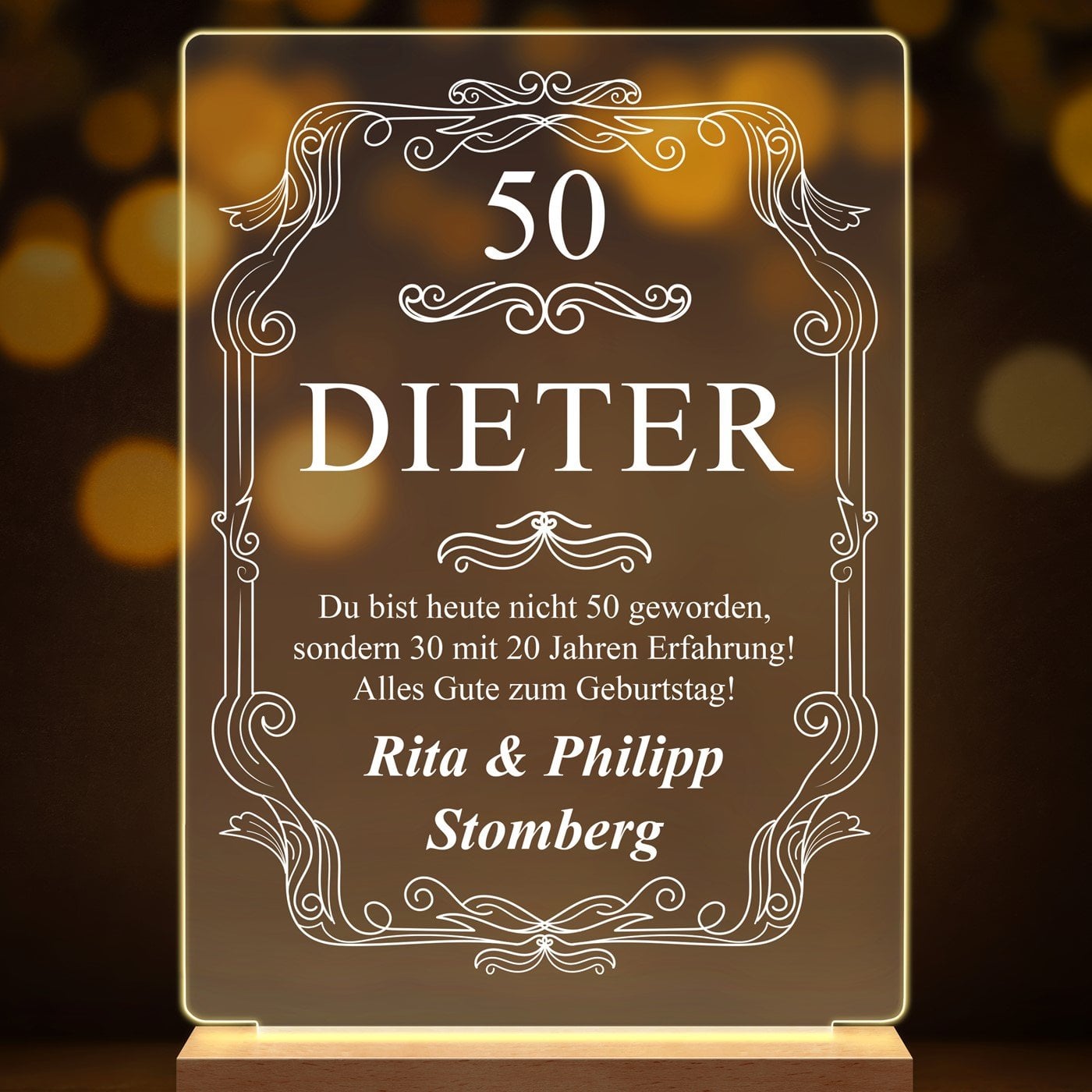 Beleuchteter LED-Rahmen mit eigenen Fotos und Holzständer Größe L für einen Gentleman zum 50. Geburtstag