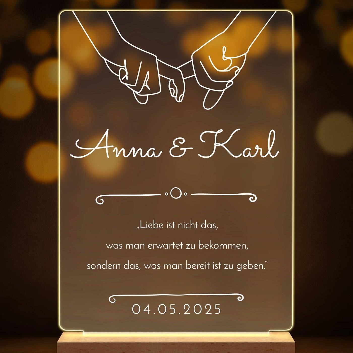 Beleuchteter LED-Rahmen mit eigenen Fotos und Holzständer Größe L für ein Paar zur Hochzeit zum Hochzeitstag Einzug
