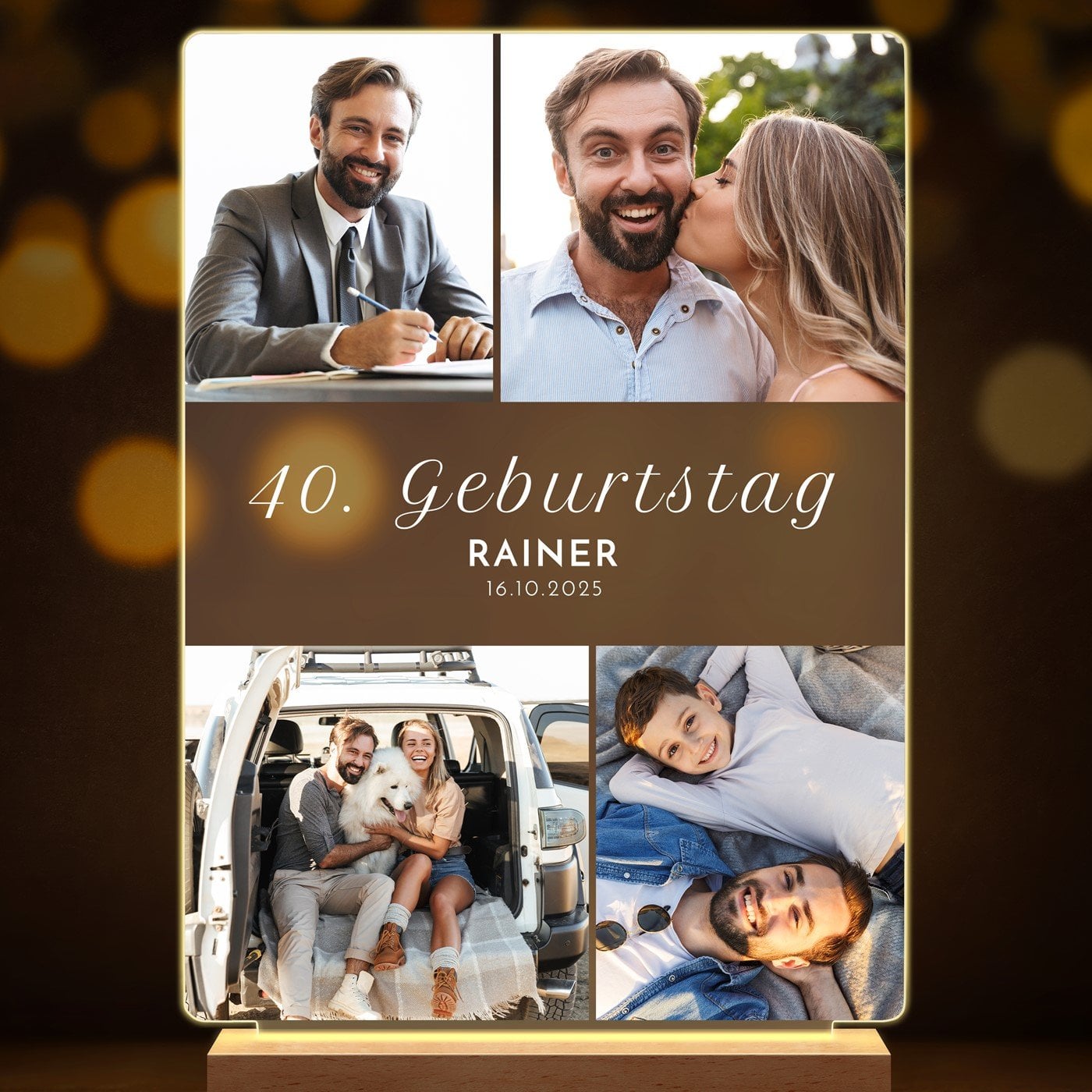 Beleuchteter LED-Rahmen mit eigenen Fotos und Holzständer Größe XL für ihn zum 40. Geburtstag