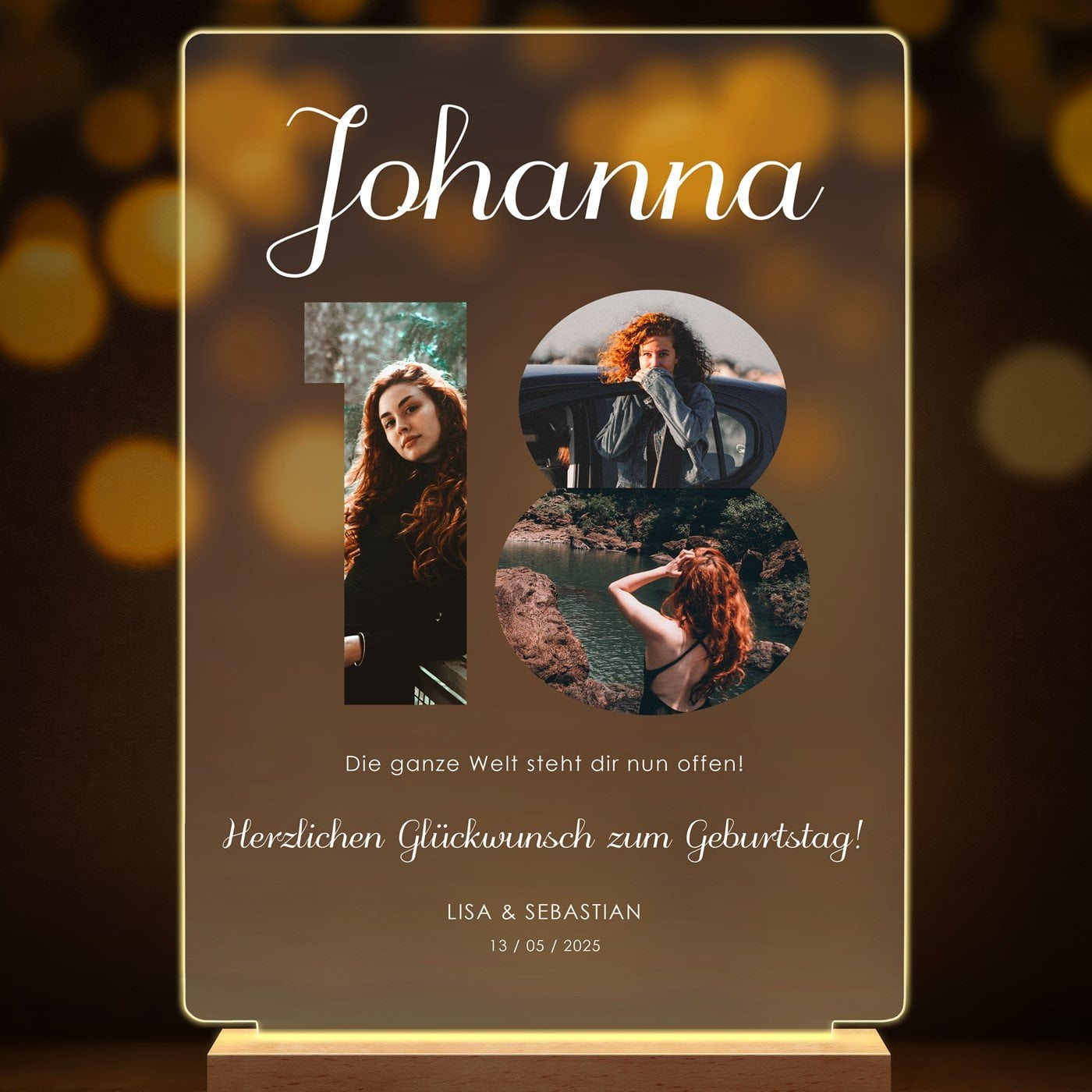 Beleuchteter LED-Rahmen mit eigenen Fotos und Holzständer Größe XL für sie zum 18. Geburtstag