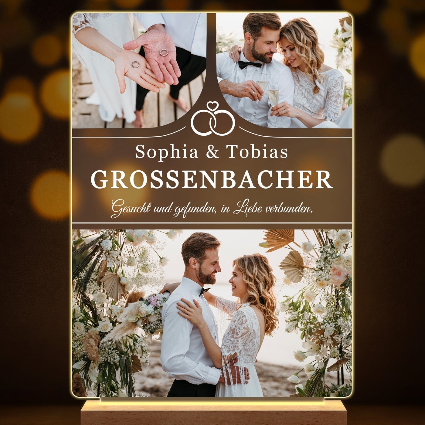 Beleuchteter LED-Rahmen mit eigenen Fotos und Holzständer Größe XL für ein Liebespaar zur Hochzeit zum Hochzeitstag Hauseinweihu