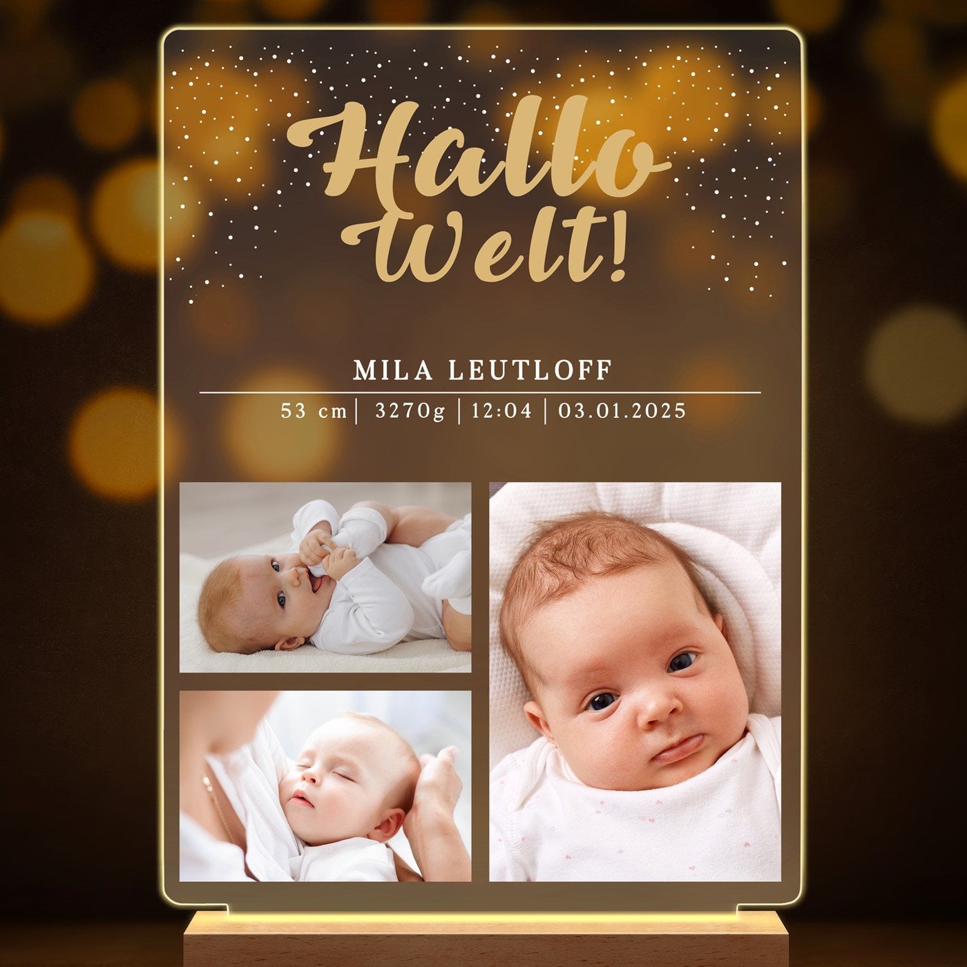 Beleuchteter LED-Rahmen mit eigenen Fotos und Holzständer Größe XL für ein kleines Mädchen zur Geburt