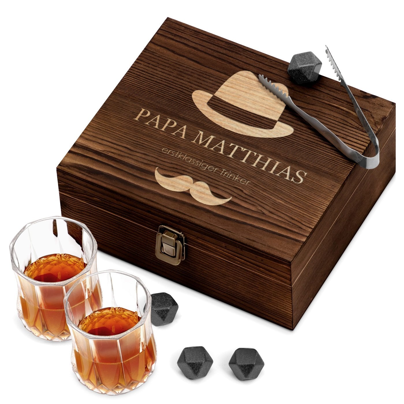 Whisky Steine Set mit 2 Gläsern in Holzbox mit Gravur für Ihren Vater zum Vatertag