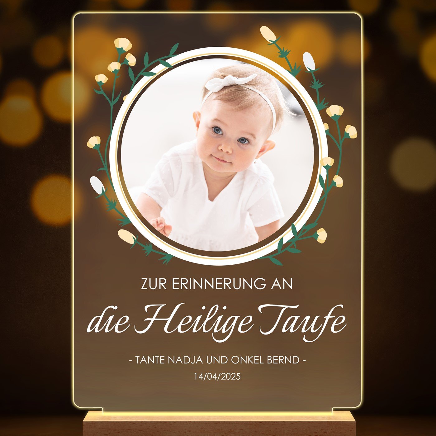 Beleuchteter LED-Rahmen mit eigenen Fotos und Holzständer Größe XL für ein Baby zur Taufe