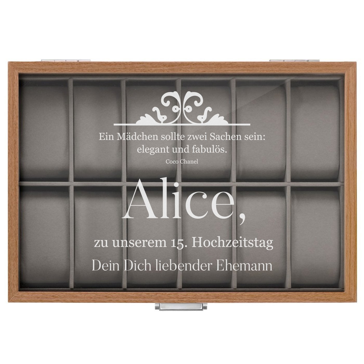 Uhrenbox aus Holz mit Gravur für sie zum 15. Jahrestag
