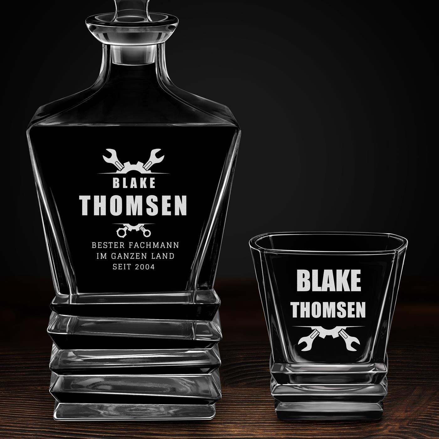 Geometric Whisky Karaffe mit 2 Gläsern undGravur für einen Mechaniker zum Geburtstag