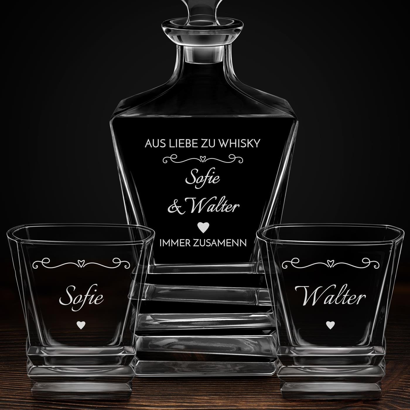 Geometric Whisky Karaffe mit 2 Gläsern und Gravur für ein Paar zum Jubiläum zum Hochzeitstag