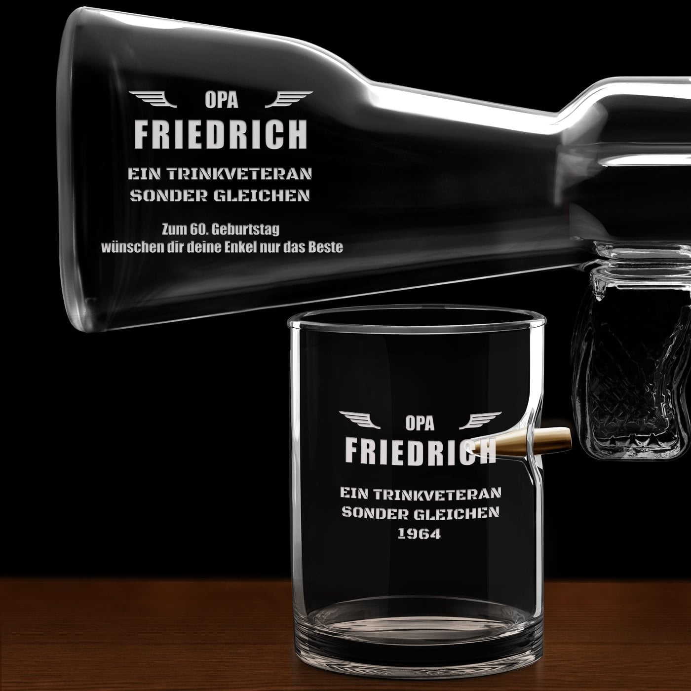 Whisky Karaffe in Gewehrform mit 4 Gläsern mit Gravur für Ihren Opa
