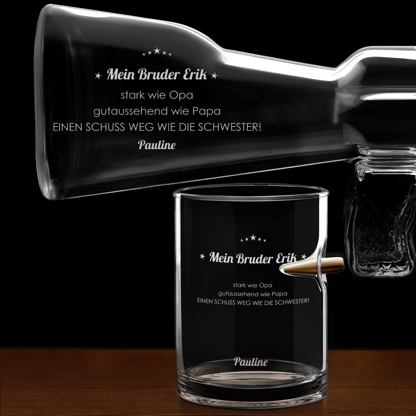 Whisky Karaffe in Gewehrform mit 4 Gläsern mit Gravur für Ihren Bruder zum Jubiläum