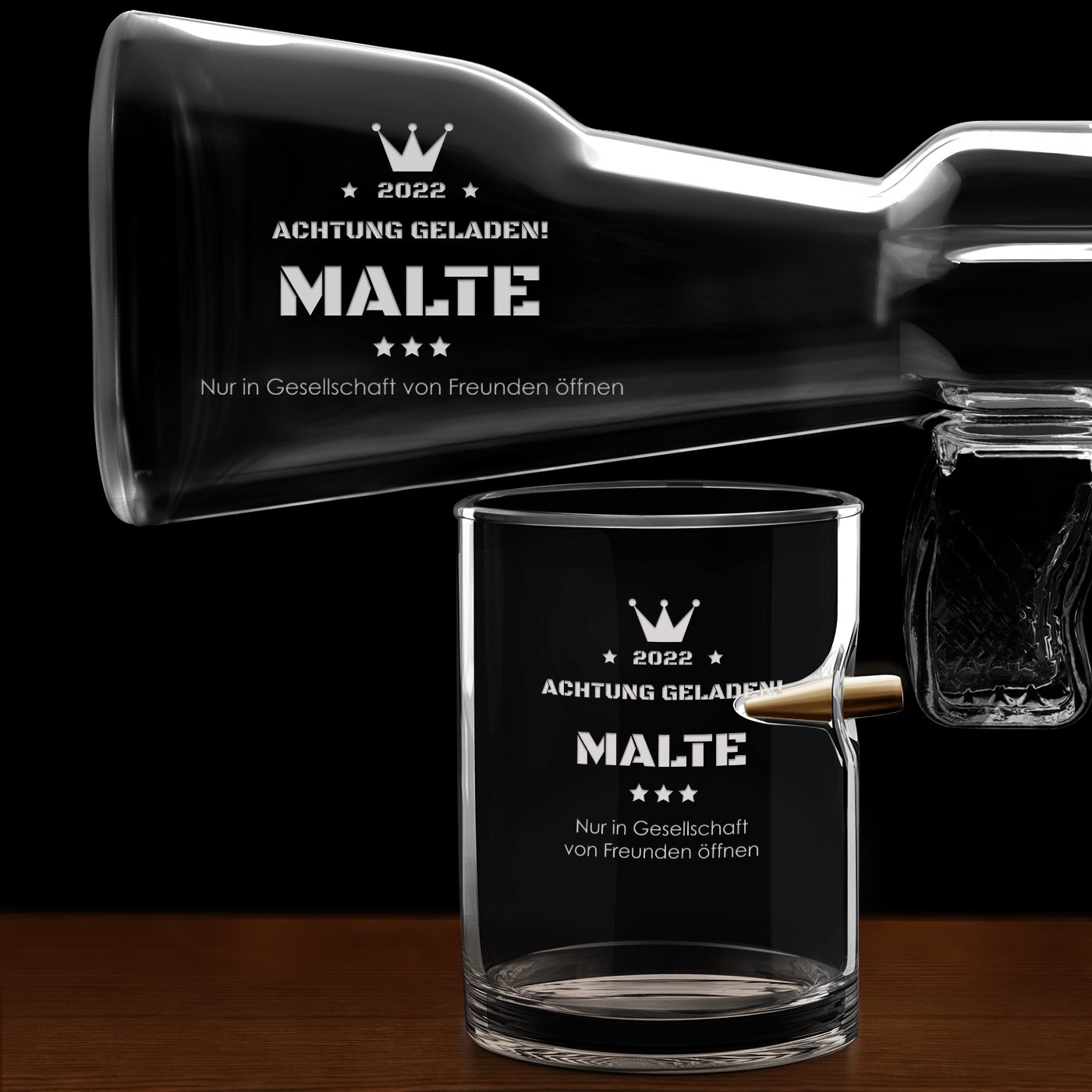 Whisky Karaffe in Gewehrform mit 4 Gläsern mit Gravur für Ihren Freund