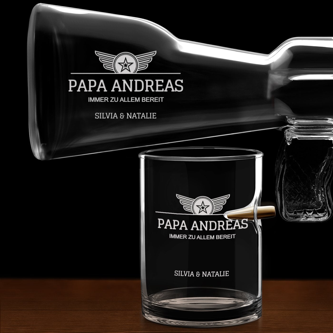 Whisky Karaffe in Gewehrform mit 4 Gläsern mit Gravur für Ihren Papa